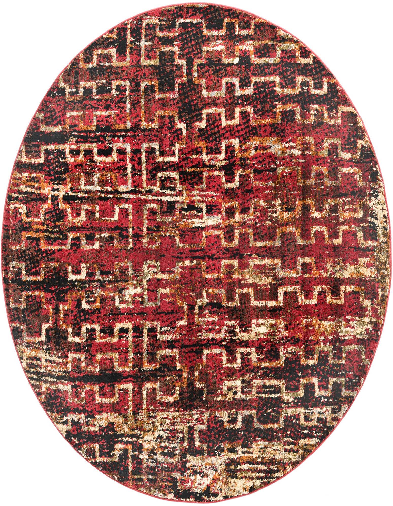A 5' 3 round modern abstract rug in shades of red, black, and gold with a distressed geometric pattern.