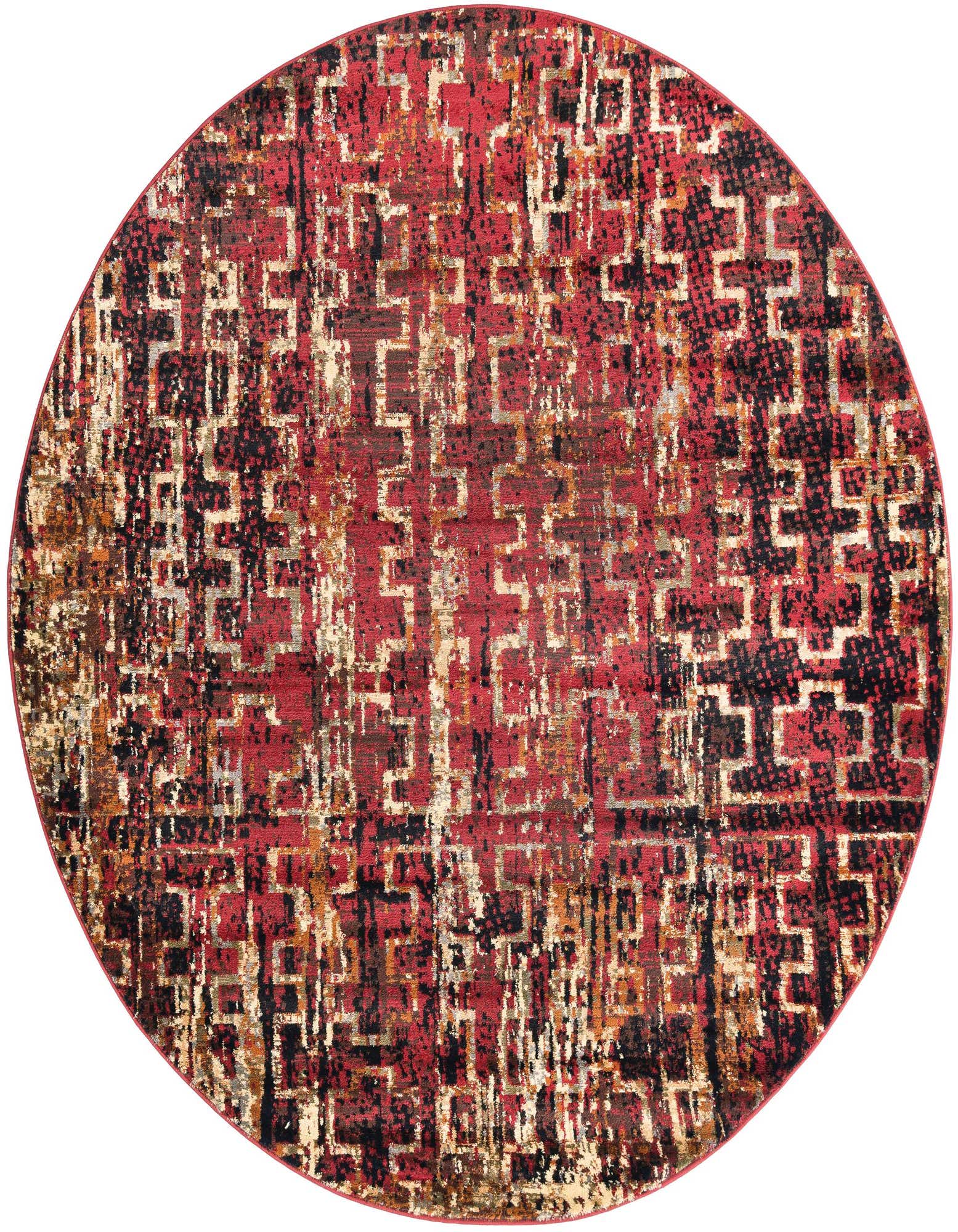 A 7' round red rug with a modern, distressed abstract pattern in black, gold, and brown tones.