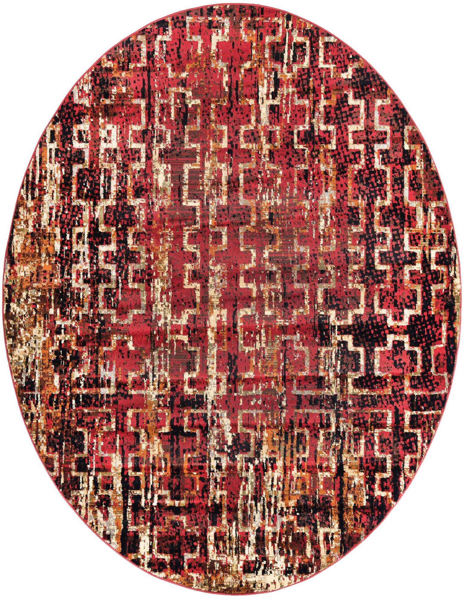 A 7' 10" round red area rug with a modern abstract pattern featuring distressed black and gold geometric shapes.