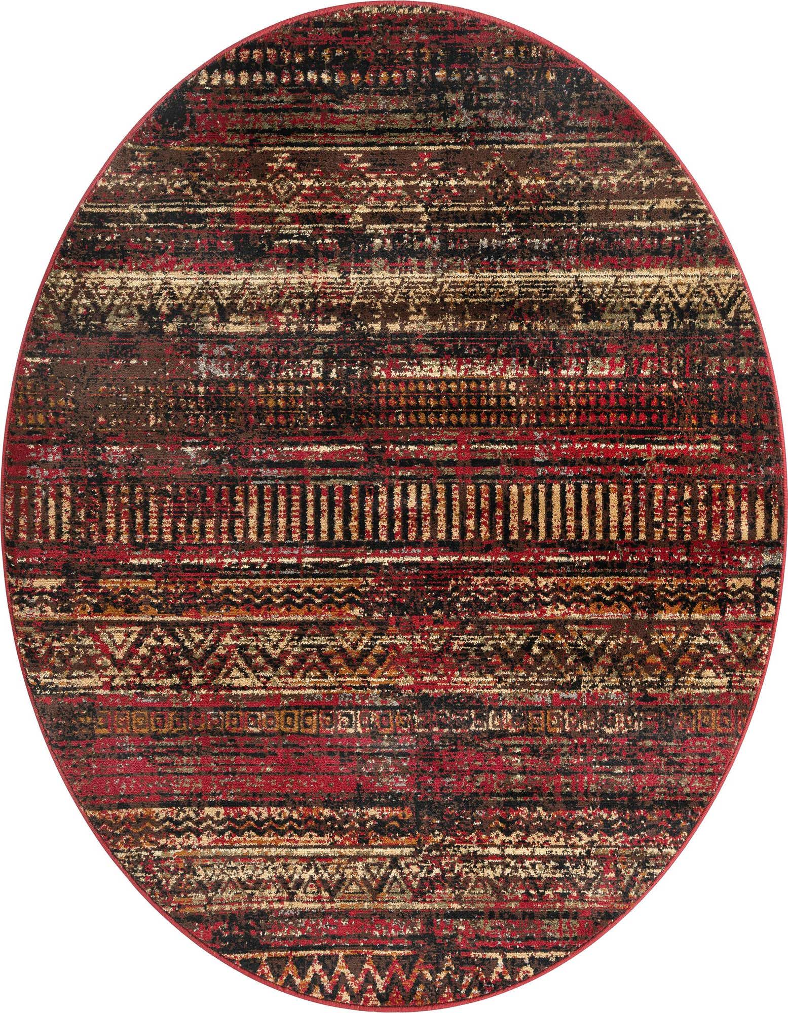 A 5' 3 round red, black, and gold tribal-patterned polypropylene rug with a distressed vintage look.