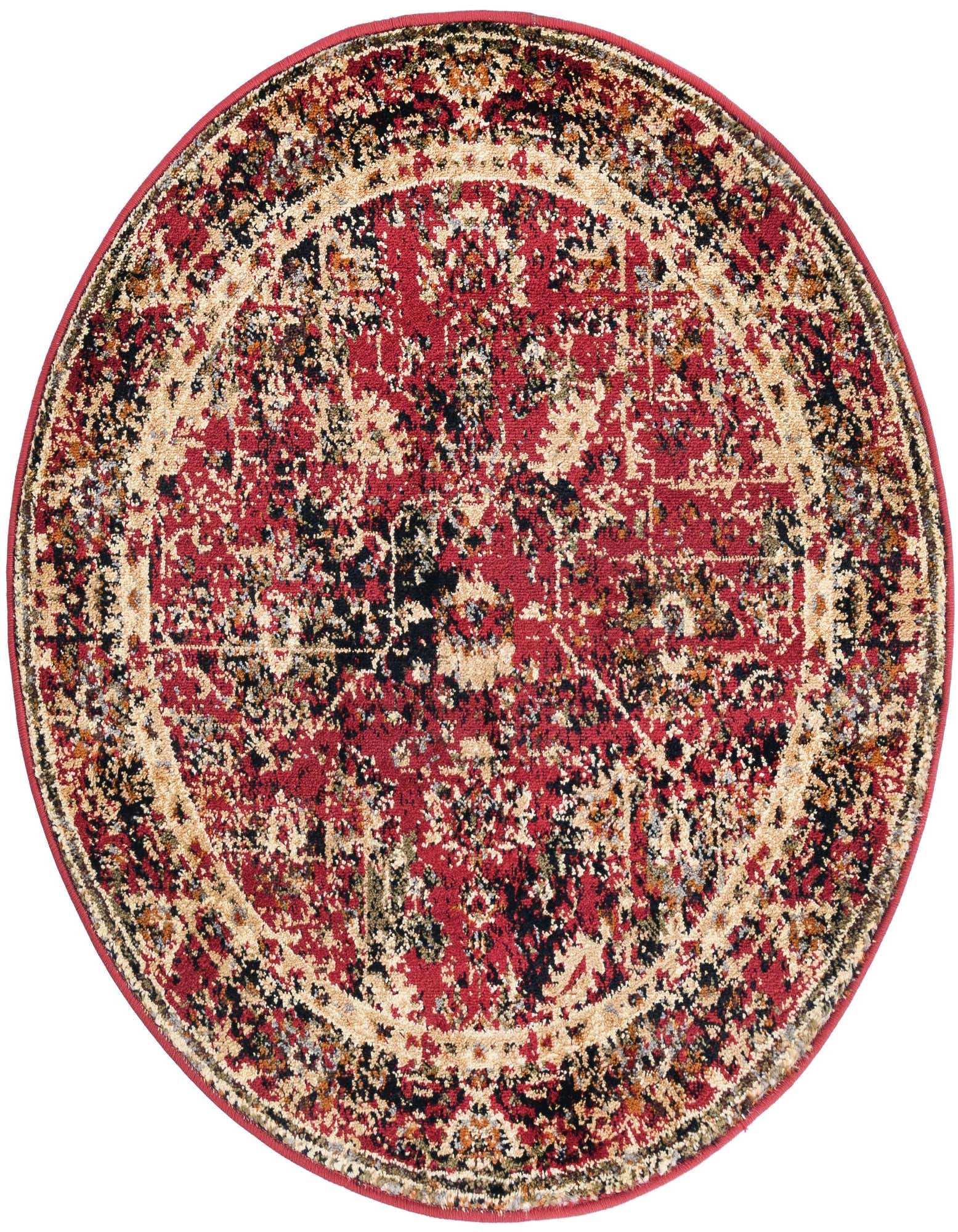 A 3' 0 x 3' 0 round red rug with a distressed traditional floral and tribal pattern in black and beige.