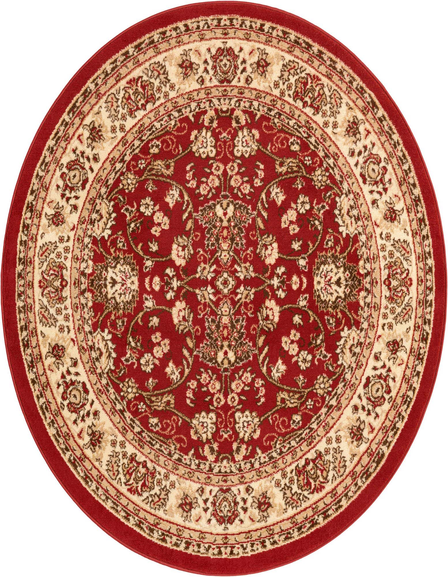 A 5' 3 round red traditional rug with an ornate floral and oriental pattern in cream and gold, suitable for indoor spaces.