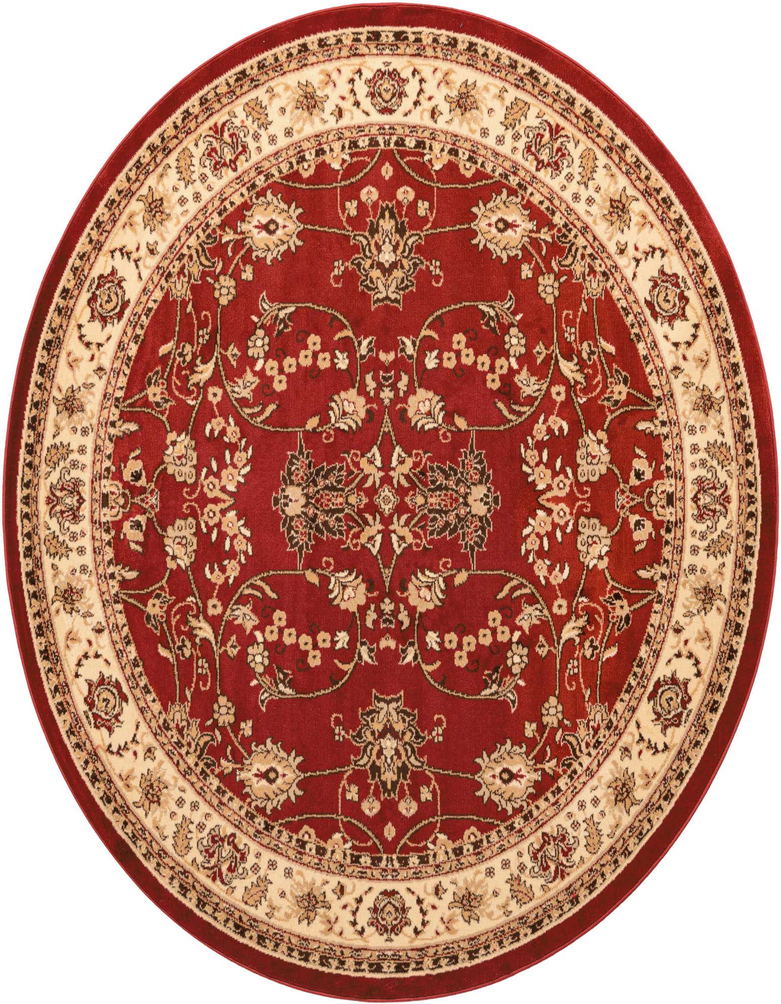 A round red rug with an ornate traditional floral pattern and a cream border, suitable for indoor spaces.