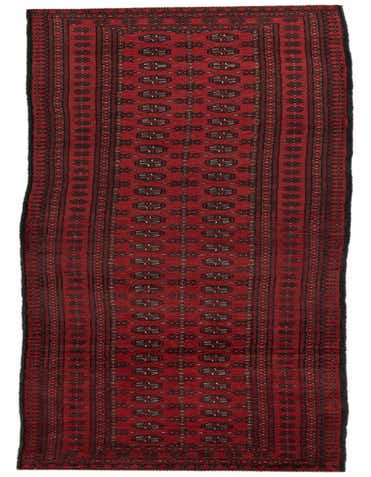 A long, narrow 16 ft runner rug in deep red with intricate black and white traditional tribal patterns, ideal for a hallway.