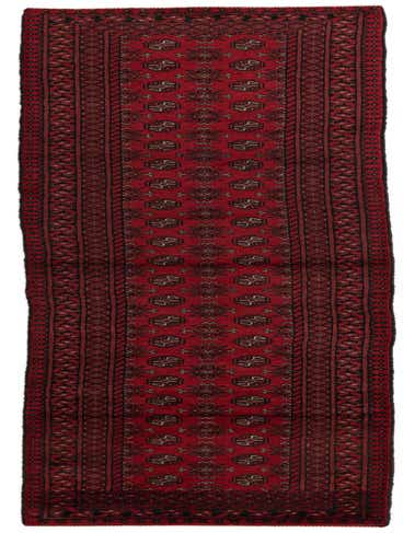 A long, narrow 16 ft runner rug in deep red with black and white traditional tribal patterns, ideal for a hallway.