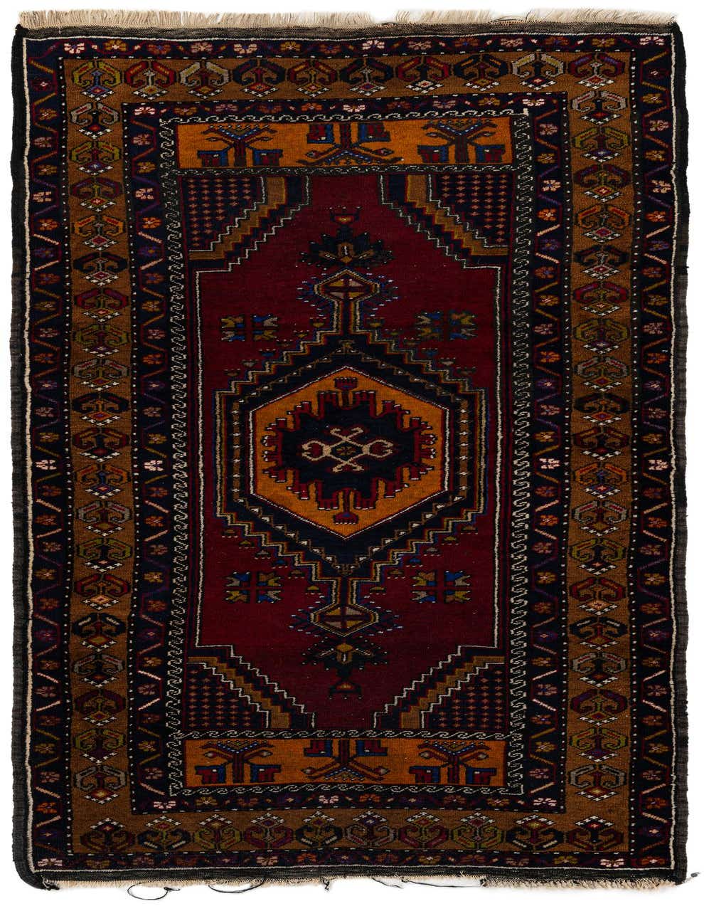 A 7 Ft Anatolian runner rug with a rich red field, featuring a central medallion and intricate Oriental patterns in gold, navy, and brown tones.