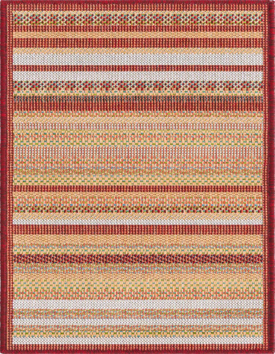 A 4 ft runner rug featuring a modern stripe pattern in various shades of red, orange, and beige with hints of blue and green, suitable for a hallway or patio.