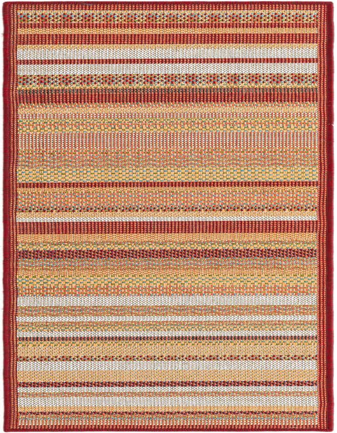 A 6 ft runner rug with modern red, orange, yellow, and cream stripes, featuring a textured flatweave.