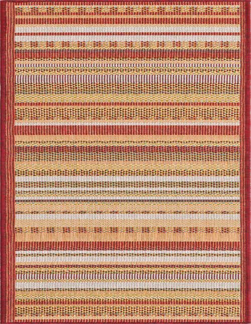 A Baja Outdoor 8 ft runner rug in shades of red, beige, and yellow with a modern striped pattern, suitable for a hallway or patio.