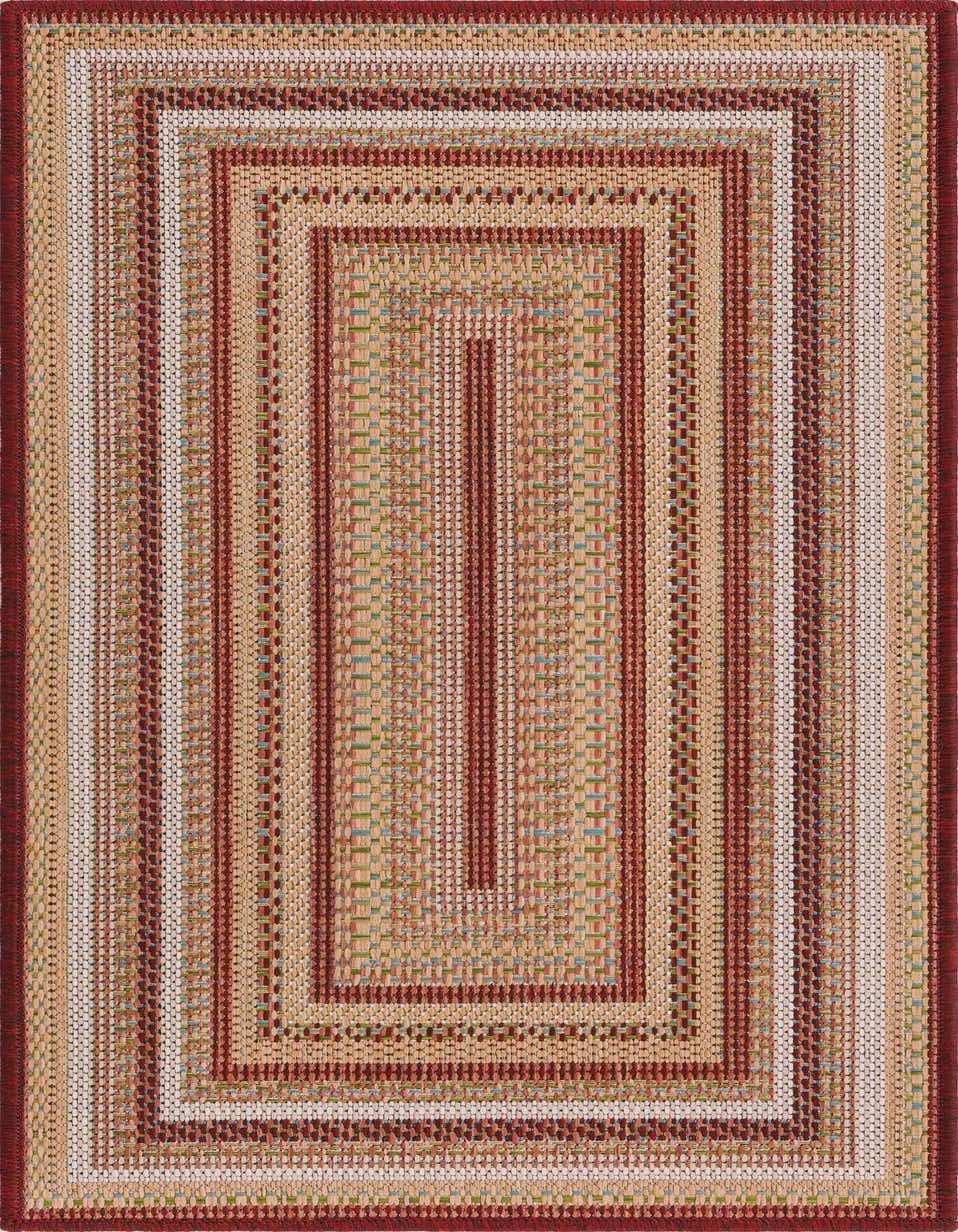 A 4 ft runner rug featuring a modern striped pattern in shades of red, beige, and subtle blues, ideal for a hallway or patio.