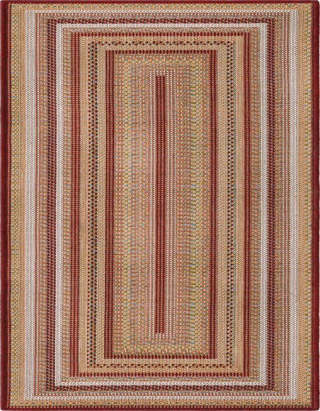 A 6 ft runner rug with a transitional stripe pattern in various shades of red, beige, and subtle blues, suitable for indoor or outdoor use.