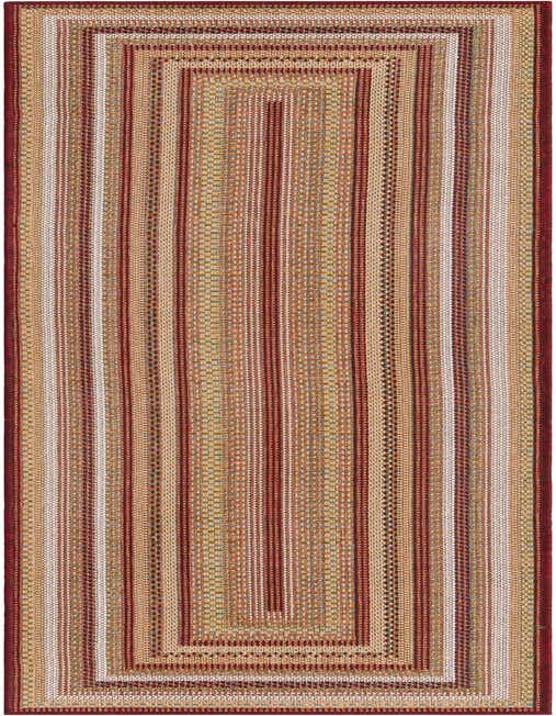 A vibrant 8 ft runner rug with a transitional striped pattern in various reds, beige, and subtle blues, suitable for a hallway or patio.