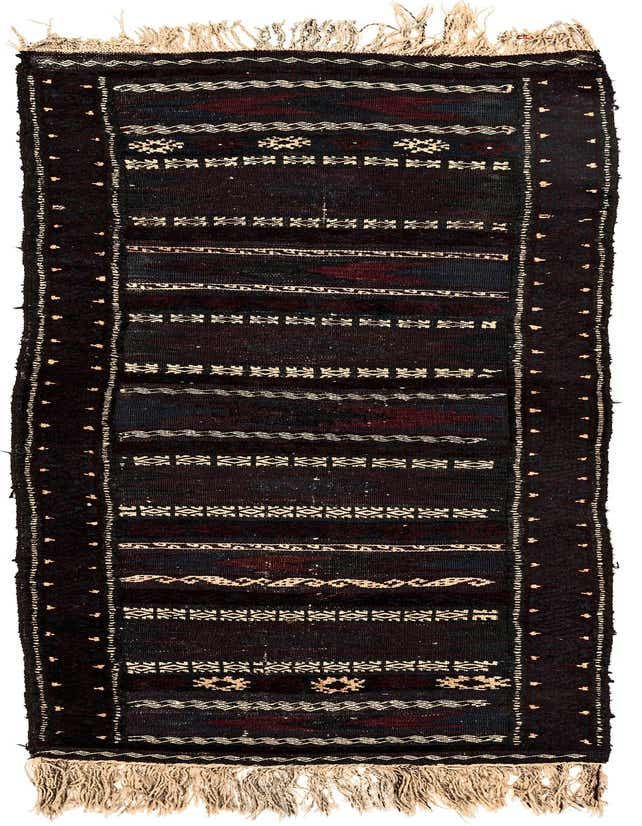 A 6 ft Balouch runner rug in dark red and black with tribal patterns and fringe, suitable for a hallway.