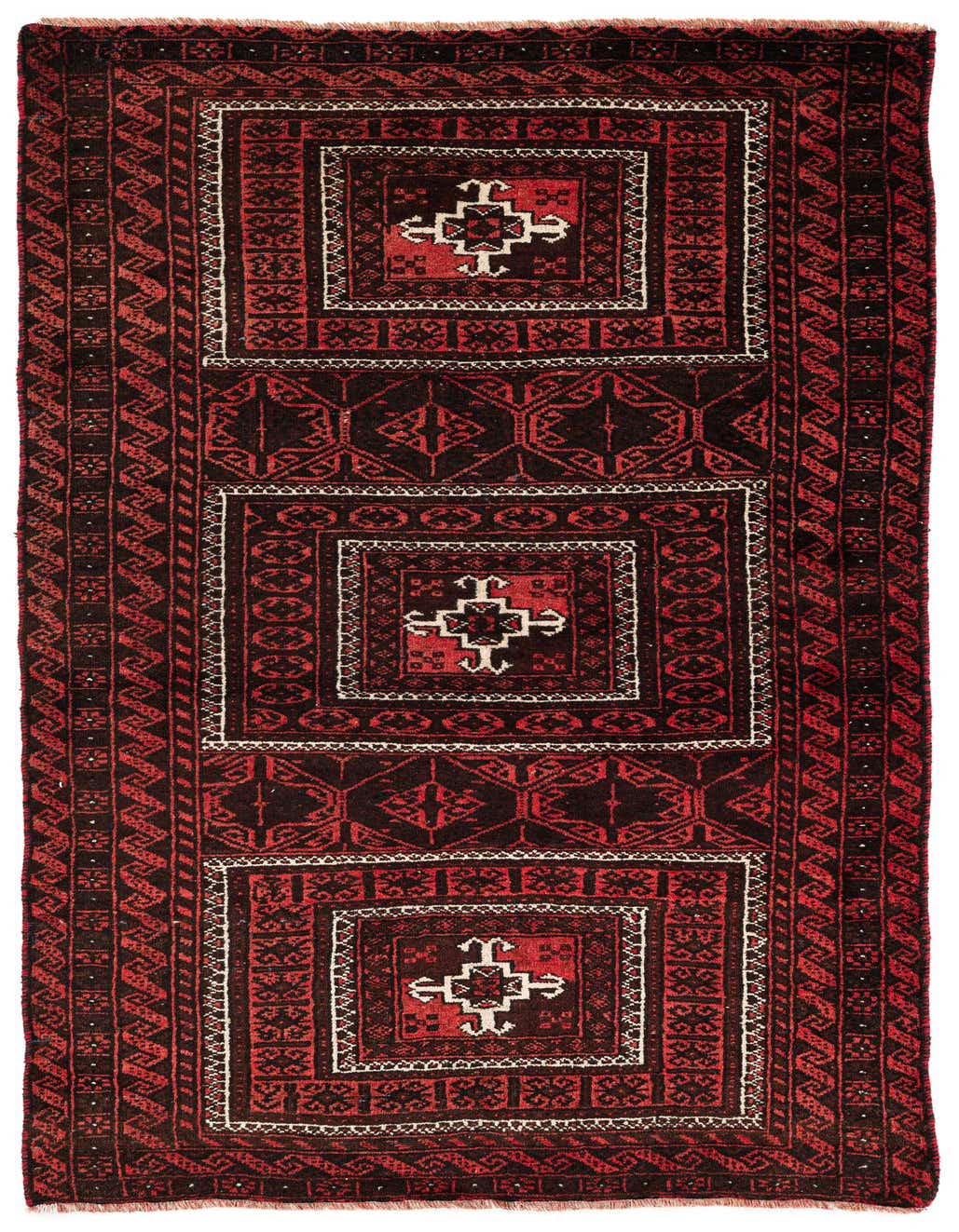 A 6 ft Balouch runner rug in deep reds and black, featuring intricate tribal patterns and three central medallions.