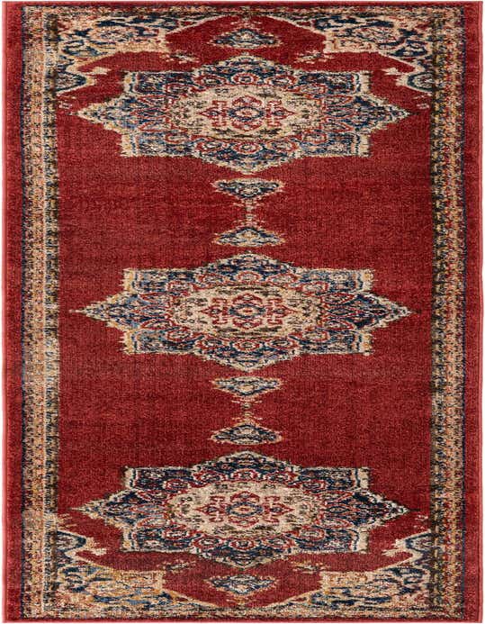 A 10 ft red runner rug with a distressed traditional medallion pattern in navy, cream, and gold, perfect for a hallway.