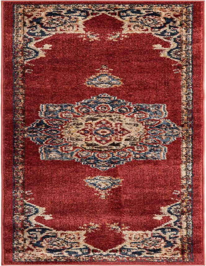 A 6 ft red runner rug with a traditional medallion and botanical pattern in blue, beige, and gold, perfect for a hallway.