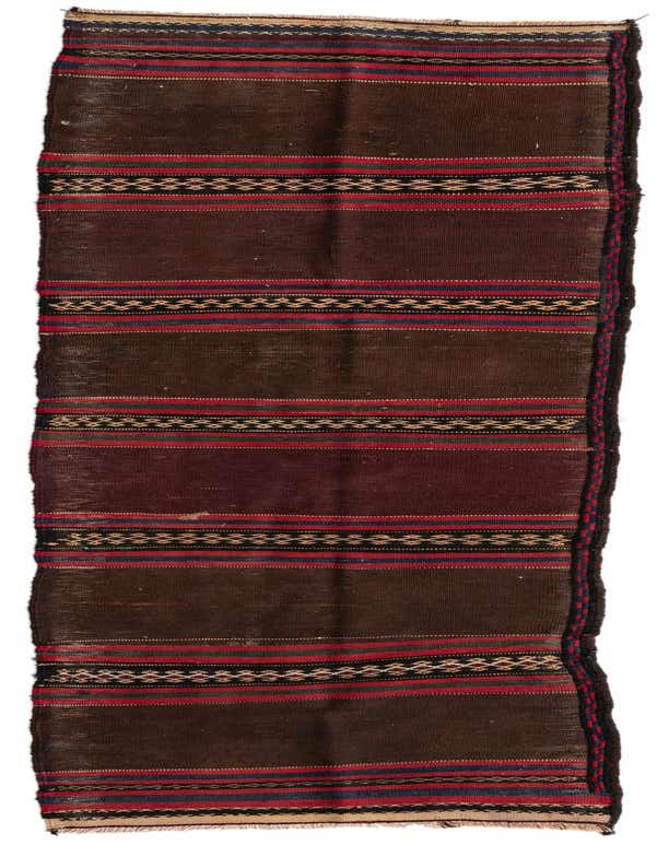 A long 8 ft runner rug featuring a tribal pattern with red, black, and blue stripes on a dark brown background.