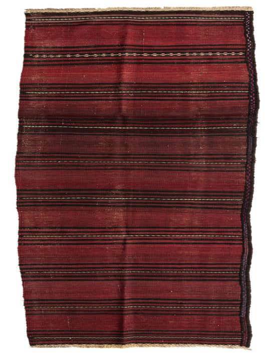 A 12 ft runner rug with a tribal stripe pattern in varying shades of red and black, with thin white accents.