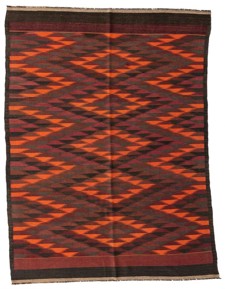 A 12 ft Kilim Afghan runner rug featuring a vibrant tribal geometric pattern in shades of red, orange, and dark brown, suitable for a hallway.