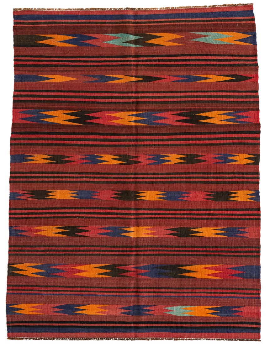 A 10 ft runner rug with a flatweave, featuring a tribal pattern of red, orange, blue, and black stripes and arrow-like motifs.