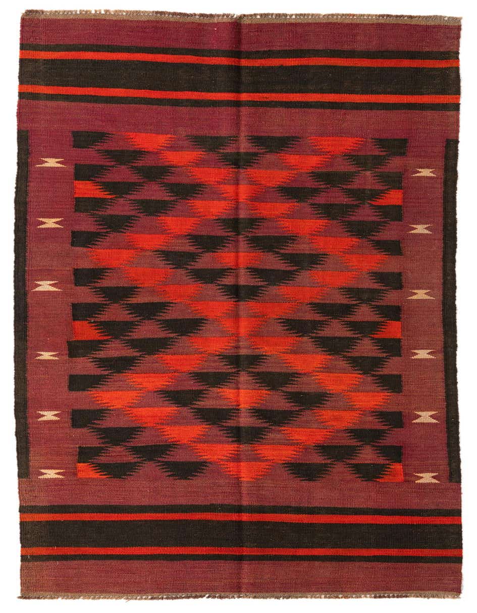 A 9 ft runner rug featuring a tribal geometric pattern in shades of red, black, and maroon, ideal for a hallway.