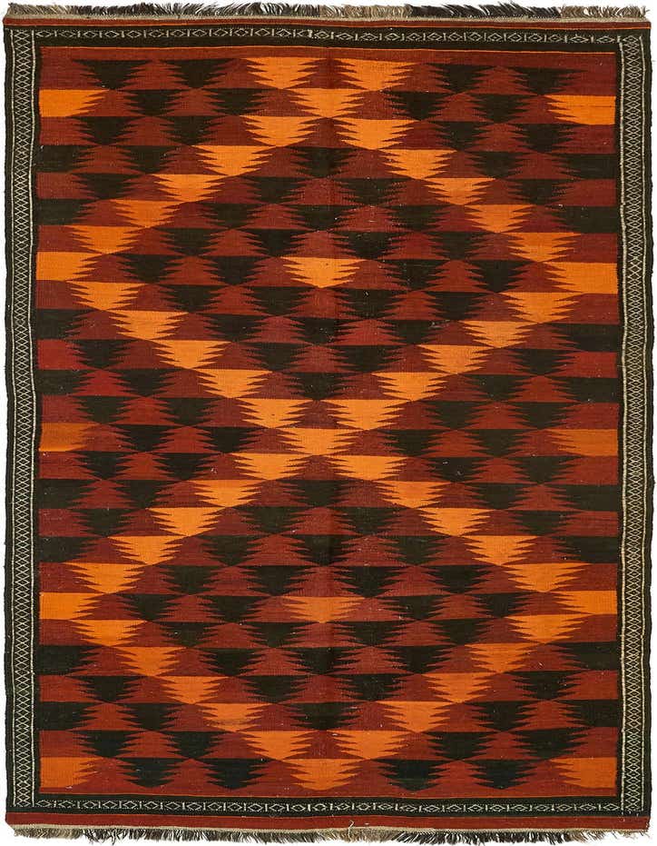 A 13 ft runner rug with a repeating geometric pattern in shades of red, orange, and black, featuring a narrow decorative border.