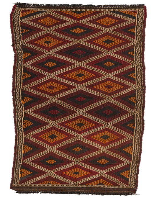 A 10 ft runner rug with a vibrant Persian tribal pattern in reds, black, and gold, featuring geometric diamonds and intricate borders, ideal for a hallway.