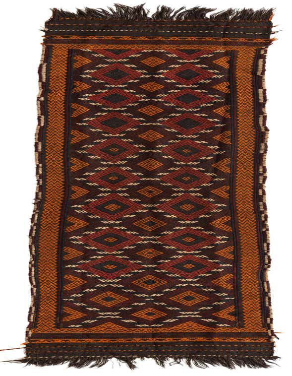 A long 8 ft runner rug with a tribal Persian pattern in shades of red, orange, and dark brown, featuring geometric diamonds and intricate borders.