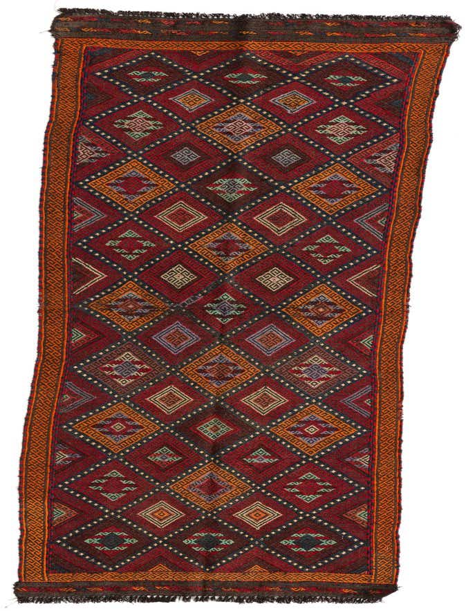 A vibrant 8 ft runner rug from the Kilim Fars collection, featuring a tribal geometric pattern in rich reds, oranges, and deep blues, handmade from 100% wool.