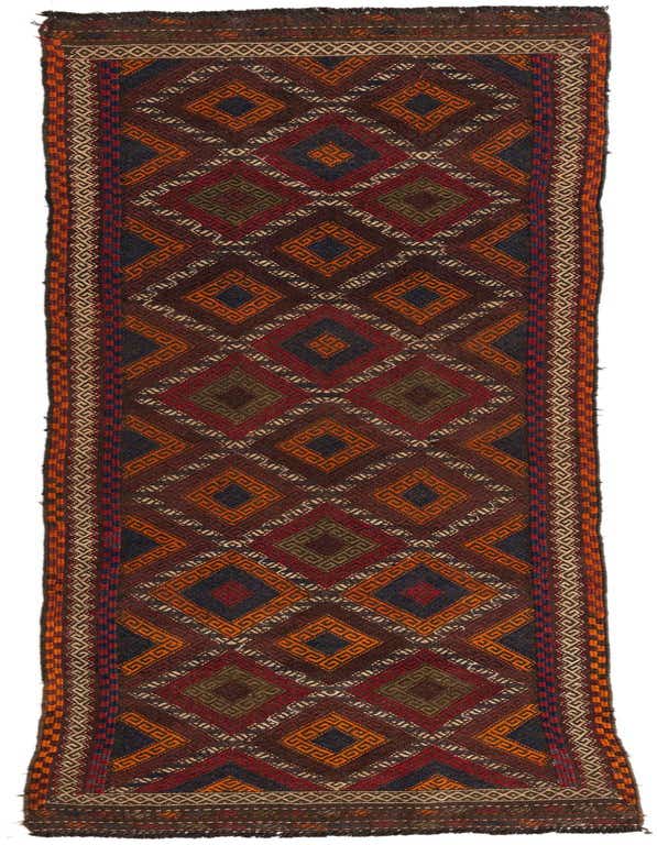 A 9 ft runner rug from the Kilim Fars collection, featuring a flatweave Persian tribal pattern in shades of red, orange, and brown.