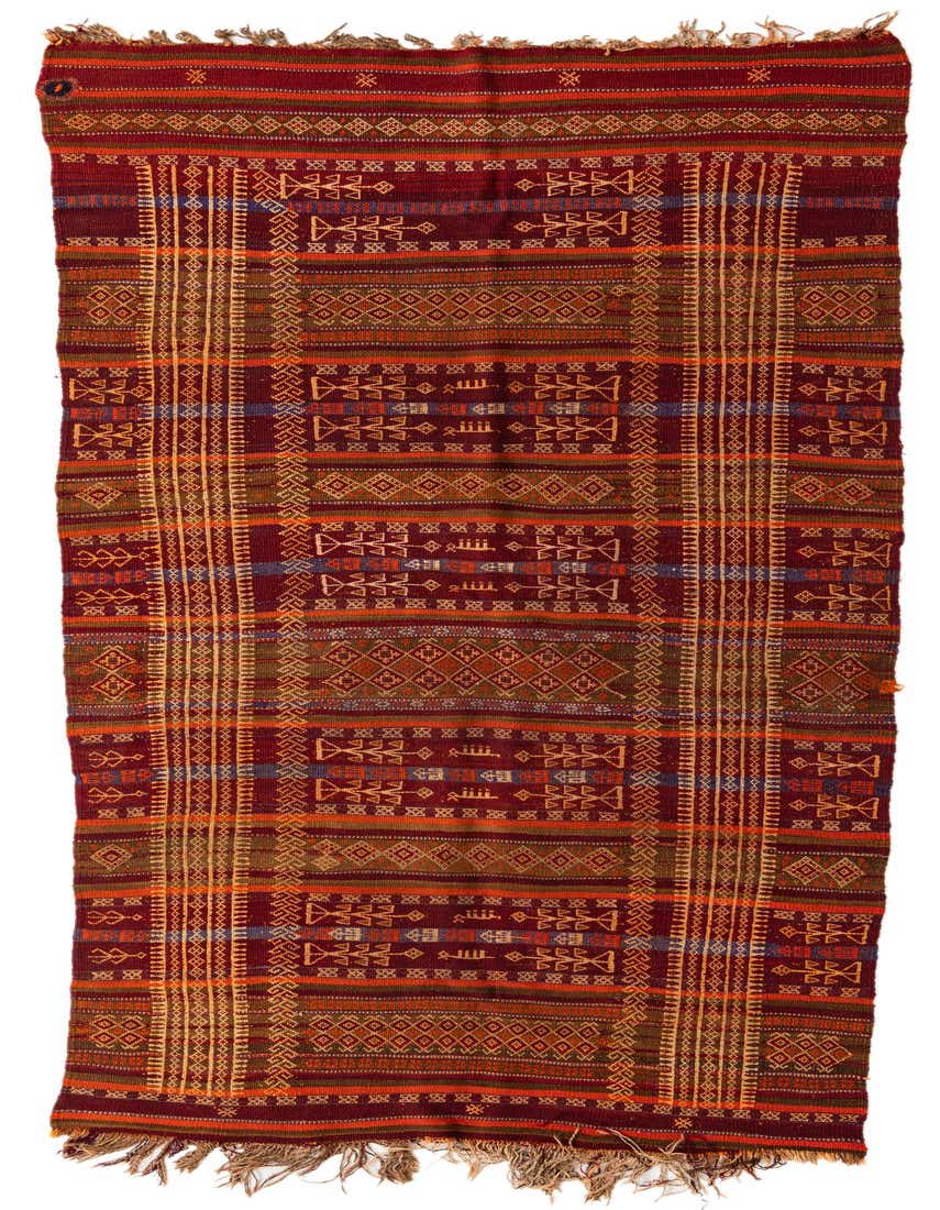 A long, flatweave Kilim Fars runner rug in rich reds, oranges, and earthy tones with tribal Persian patterns and stripes, perfect for a hallway.