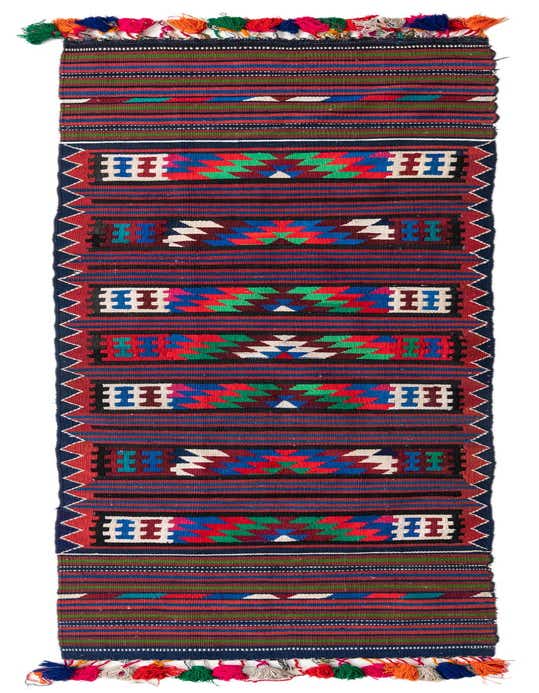 A vibrant 12 ft Kilim Fars runner rug with red, blue, green, and black stripes, tribal patterns, and colorful tassels.