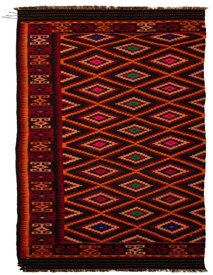 A 14 ft runner rug from the Kilim Fars collection, featuring a vibrant tribal geometric pattern in reds, oranges, and black, with colorful diamond accents.
