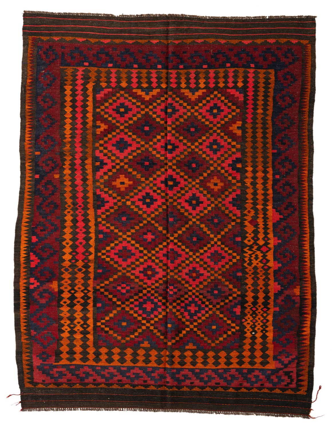 A 10 ft runner rug, Kilim Fars collection, featuring a tribal geometric pattern in shades of red, orange, and dark blue, ideal for a hallway.