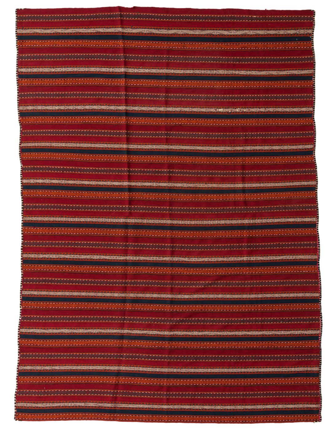 A 12 ft runner rug with a tribal stripe pattern in shades of red, black, and orange, ideal for a hallway.