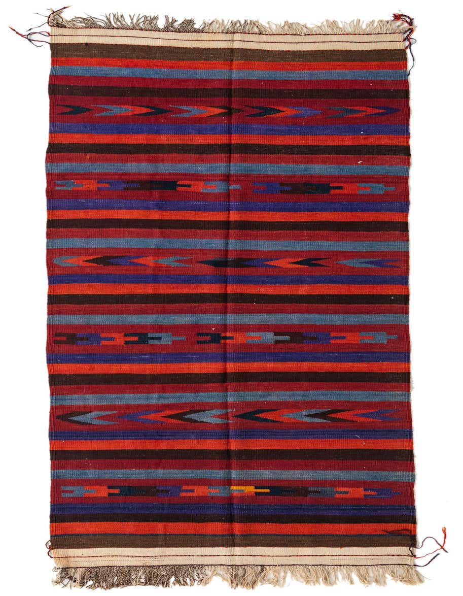 A 10 Ft Kilim Fars wool runner rug with tribal stripes in shades of red, blue, and brown.