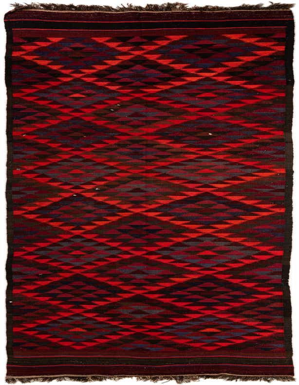 A 14 ft runner rug featuring a vibrant red, black, and blue geometric tribal pattern, ideal for a hallway.