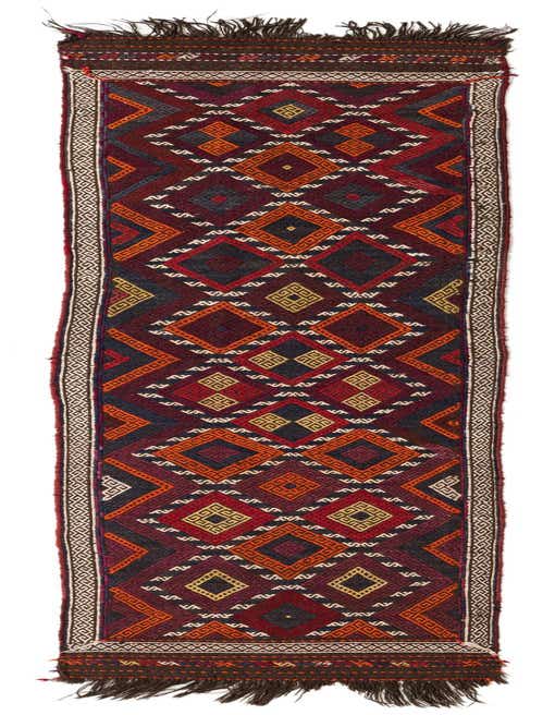 A 10 ft runner rug with a tribal Persian pattern in shades of red, orange, and dark blue, featuring geometric diamond motifs and a decorative border.