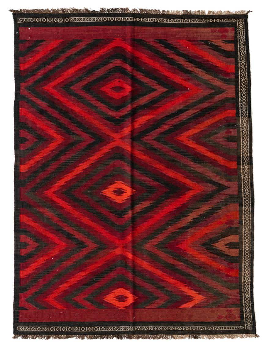 A handmade 11 ft Kilim Fars runner rug featuring a bold red and black tribal geometric diamond pattern.