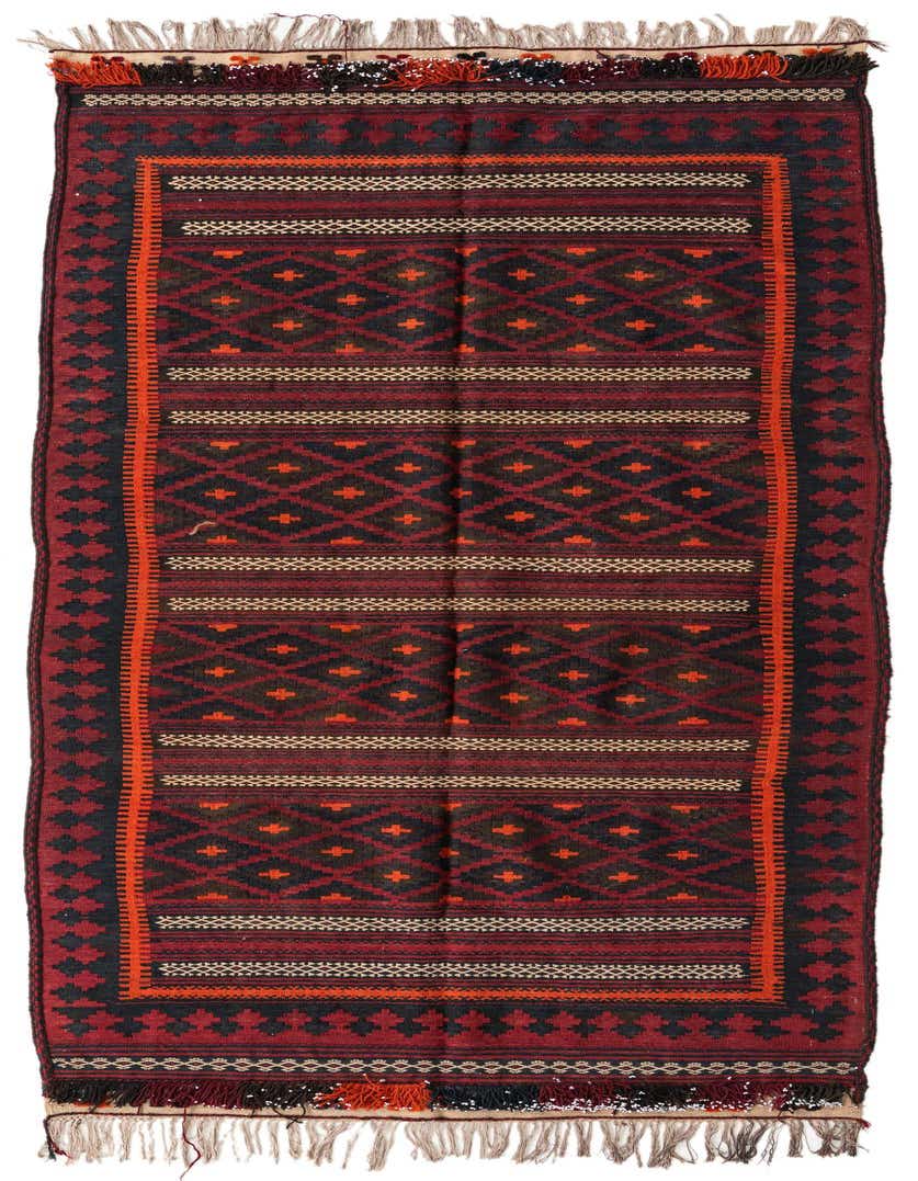 A 10 Ft Kilim Fars runner rug with a tribal Persian pattern in deep reds, black, and orange, featuring geometric diamonds and stripes, perfect for a hallway.