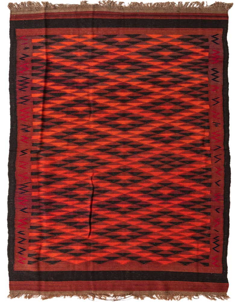 A 12 Ft Kilim Fars runner rug in red and black with a tribal geometric pattern and fringe.
