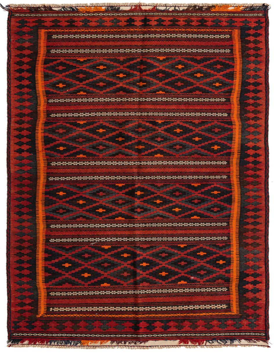 A 9 ft runner rug, the Kilim Fars features a flatweave tribal pattern in reds, black, and orange, ideal for hallways.