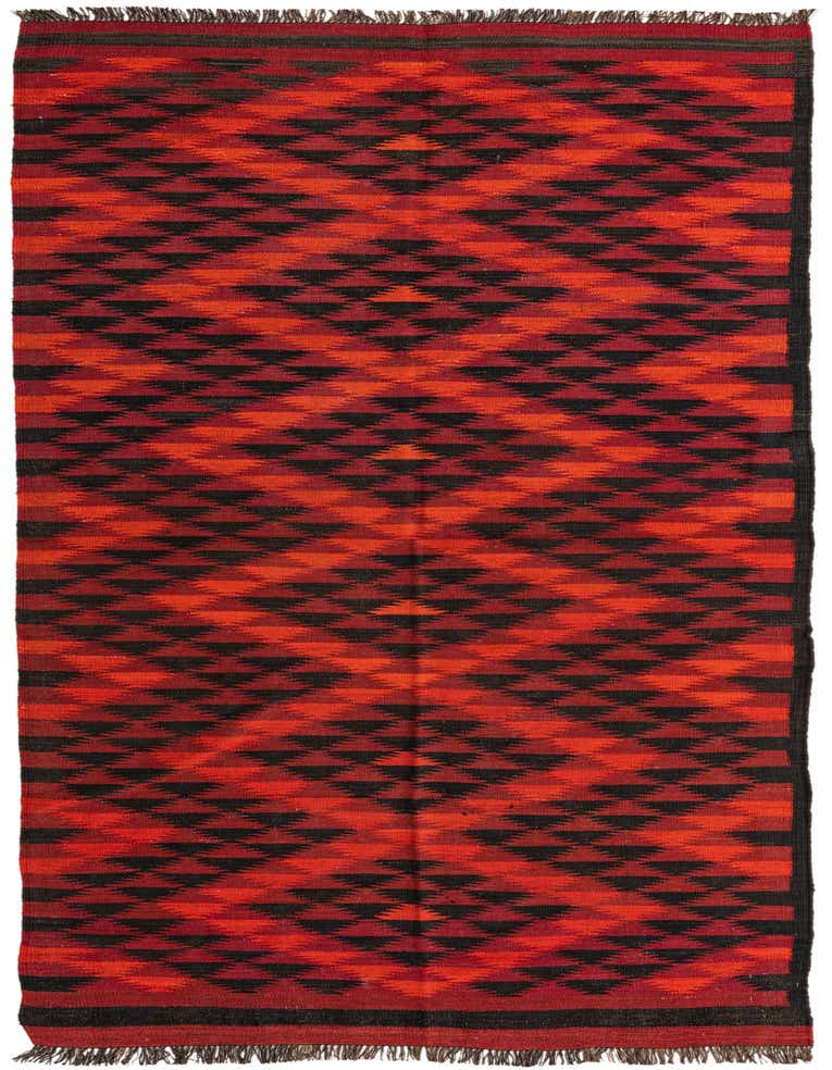 A 12 ft runner rug from the Kilim Fars collection, featuring a vibrant red and black tribal geometric pattern with flatweave texture and fringed ends.