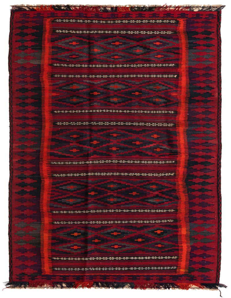 A 4x11 ft Kilim Fars runner rug with a flatweave, featuring a vibrant red background and tribal geometric patterns in black, grey, and hints of orange.