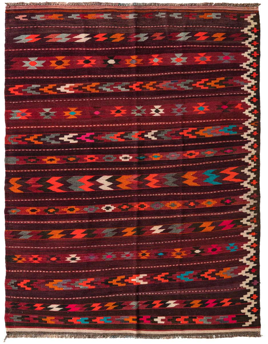 A 9 ft runner rug from the Kilim Fars collection, featuring a flatweave tribal pattern in various shades of red, orange, and blue.