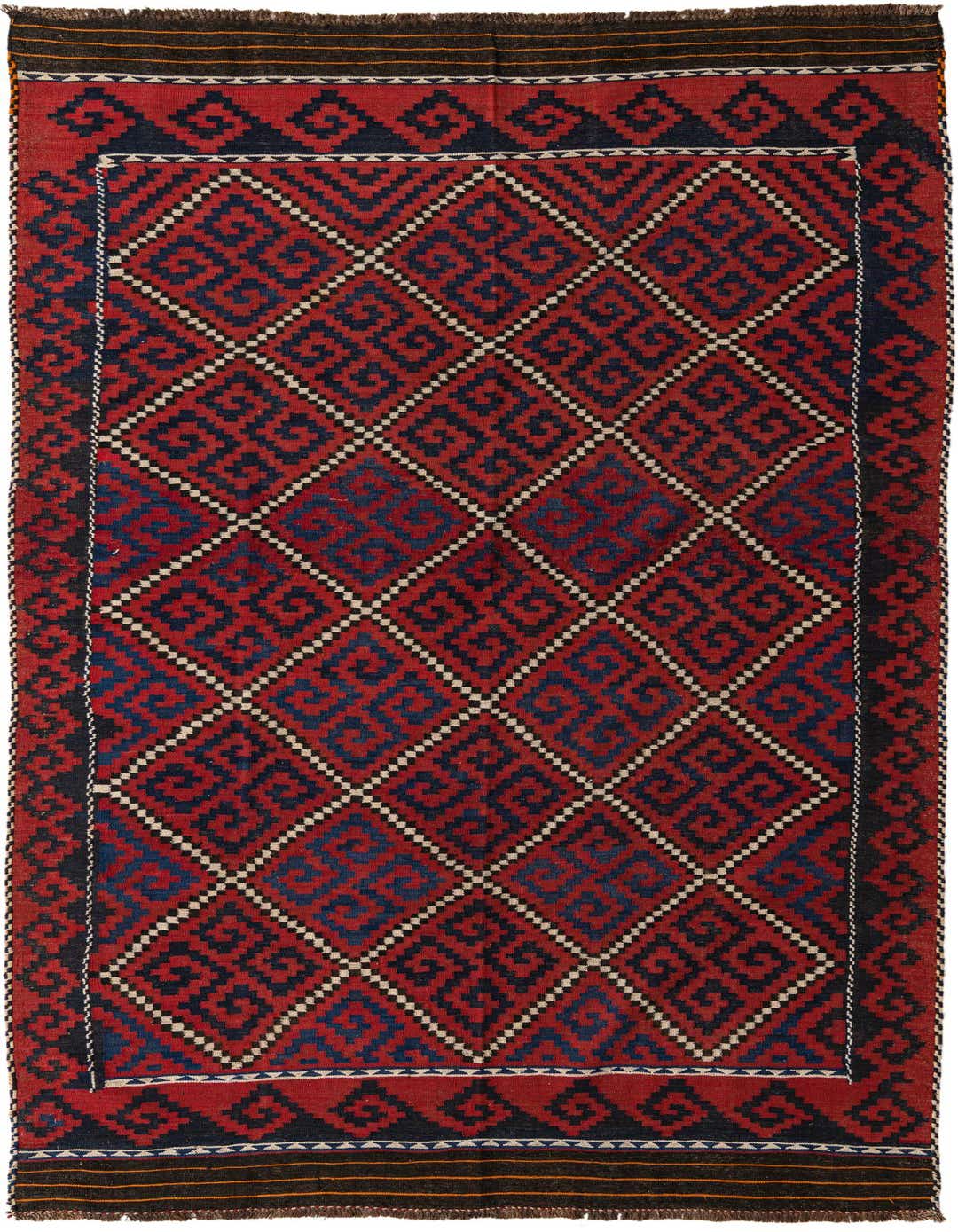 A 12 ft Kilim Fars runner rug in red and navy, featuring a tribal geometric pattern, ideal for a hallway.