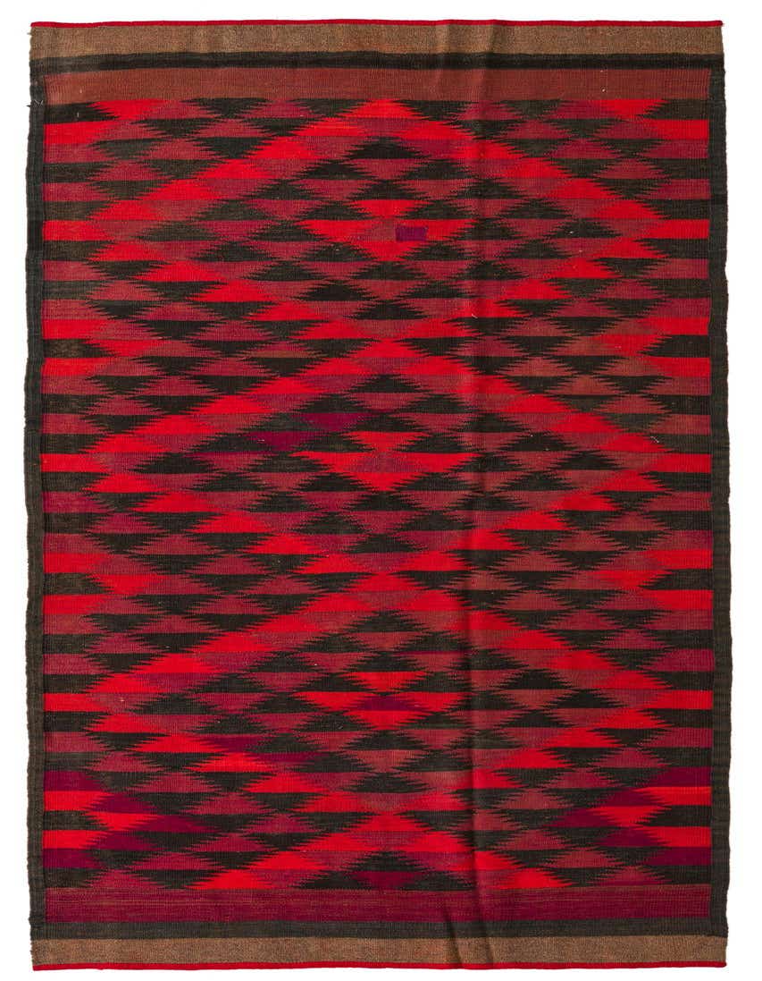 A vibrant 11 ft runner rug featuring a tribal geometric pattern in various shades of red and dark brown, with a flatweave texture.