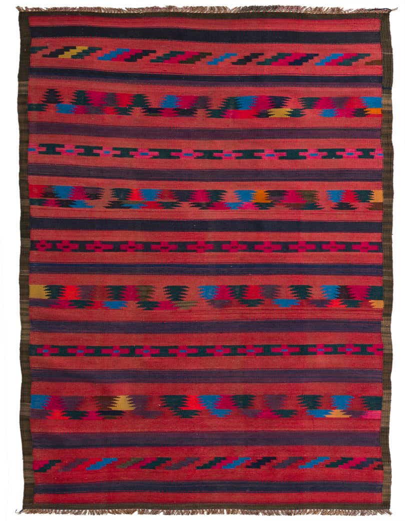 A vibrant 11 ft runner rug with a flatweave texture, featuring bold red stripes interspersed with colorful tribal patterns in blue, yellow, and black.