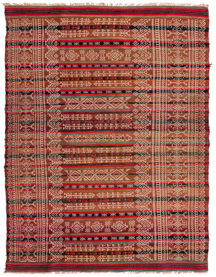 A 10 Ft Runner Kilim Fars rug with a tribal pattern in shades of red, brown, black, and cream.