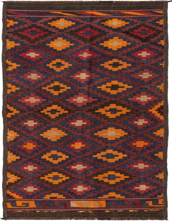 A 10 Ft Kilim Fars runner rug with a flatweave, featuring a tribal geometric pattern in reds, navy, orange, and beige.